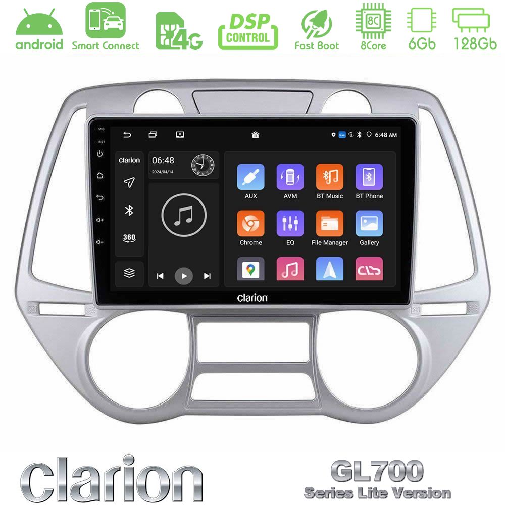 Clarion GL700 Lite Series 8Core Android ClarionOS 6+128GB Hyundai i20 2009-2012 Auto A/C Navigation Multimedia Tablet 9" Με Carplay & Android Auto