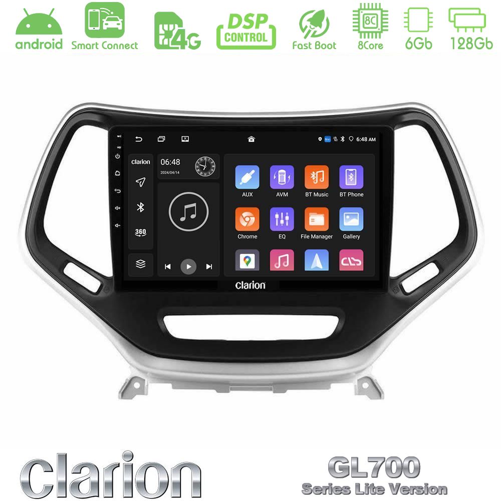 Clarion GL700 Lite Series 8Core Android ClarionOS 6+128GB Jeep Cherokee 2014-2019 Navigation Multimedia Tablet 9" (Ασημί Χρώμα) Με Carplay & Android Auto