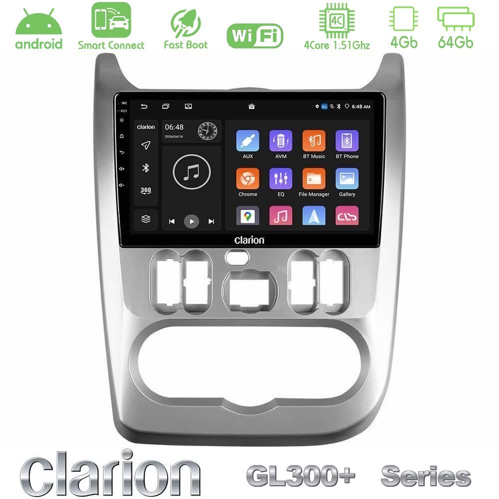 Clarion GL300+ Series 4Core Android ClarionOS 4+64GB  Dacia Duster/Sandero/Logan Navigation Multimedia Tablet 9"