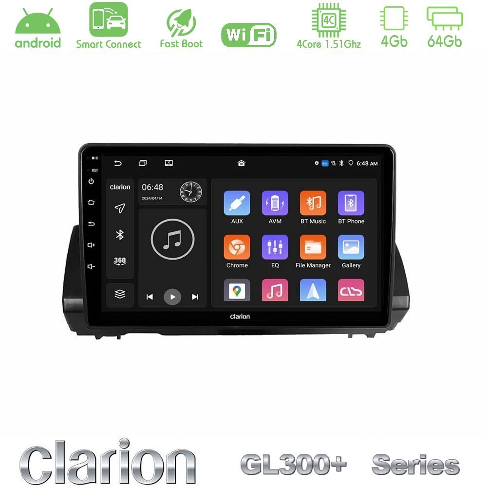 Clarion GL300+ Series 4Core Android ClarionOS 4+64GB Dacia Sandero/Logan/Jogger 2022-> Navigation Multimedia Tablet 9"