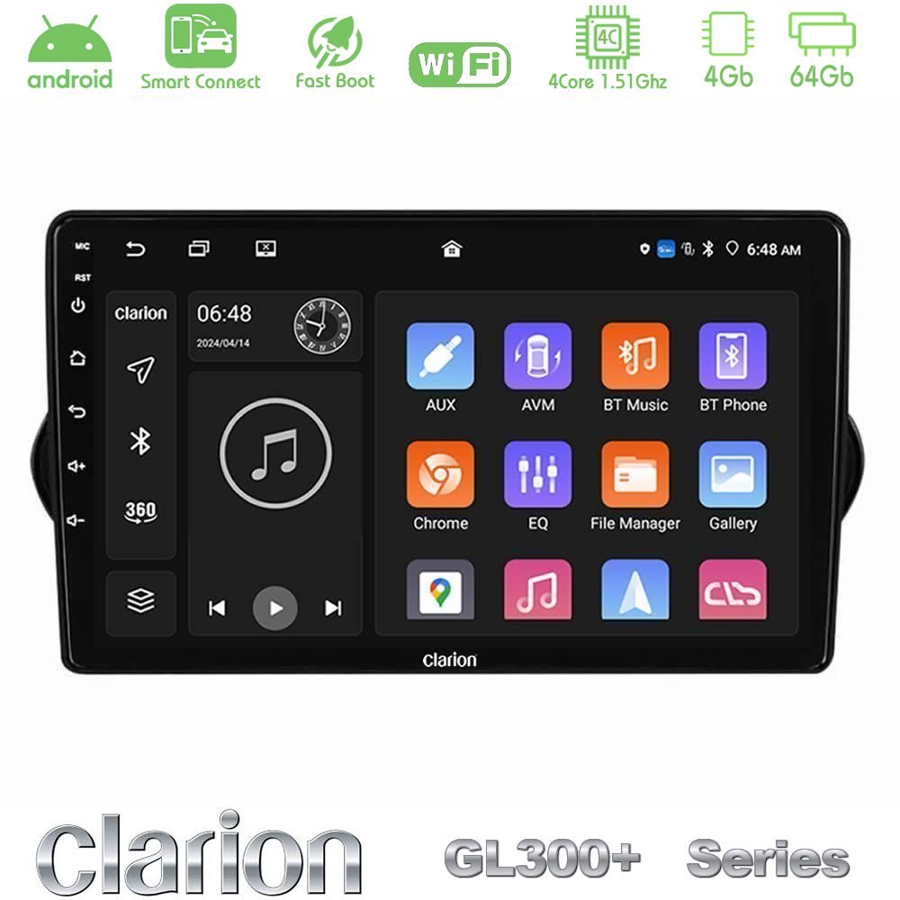 Clarion GL300+ Series 4Core Android ClarionOS 4+64GB  Fiat Tipo 2015-2022 (Sedan) Navigation Multimedia Tablet 9"