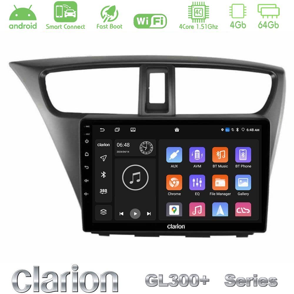 Clarion GL300+ Series 4Core Android ClarionOS 4+64GB  Honda Civic Hatchback 2012-2015 Navigation Multimedia Tablet 9"