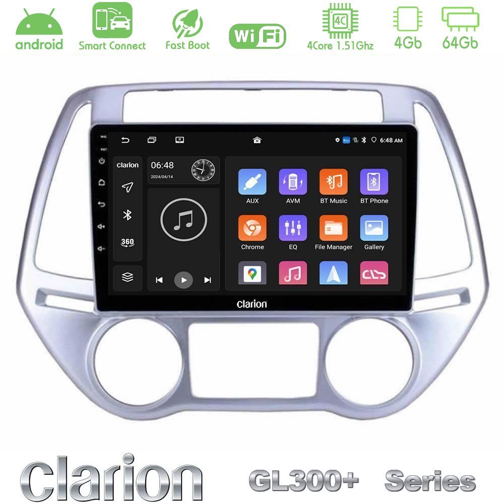 Clarion GL300+ Series 4Core Android ClarionOS 4+64GB  Hyundai i20 2012-2014 Navigation Multimedia Tablet 9"