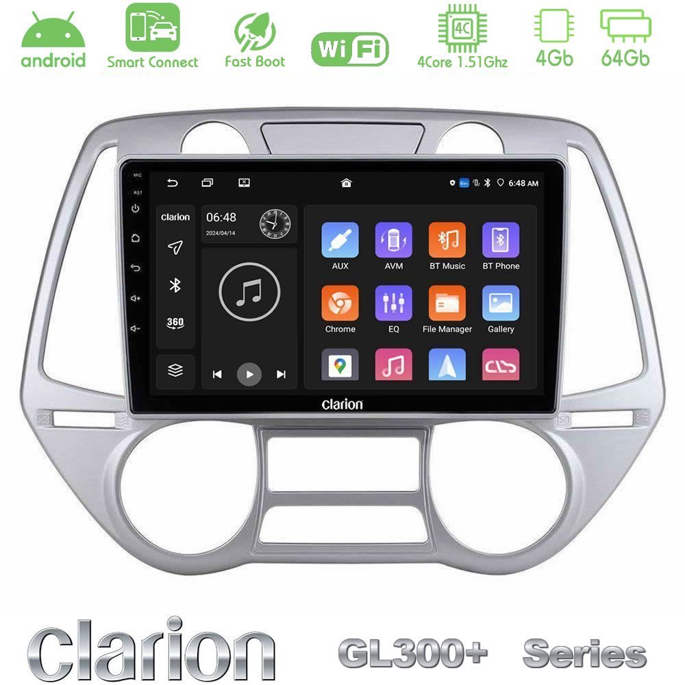 Clarion GL300+ Series 4Core Android ClarionOS 4+64GB  Hyundai i20 2009-2012 Auto A/C Navigation Multimedia Tablet 9"