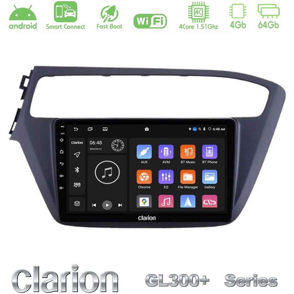 Clarion GL300+ Series 4Core Android ClarionOS 4+64GB  Hyundai i20 2018-2020 Navigation Multimedia Tablet 9"