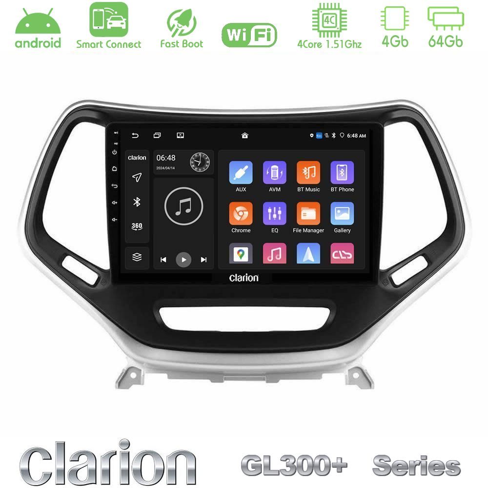 Clarion GL300+ Series 4Core Android ClarionOS 4+64GB  Jeep Cherokee 2014-2019 Navigation Multimedia Tablet 9" (Ασημί Χρώμα)