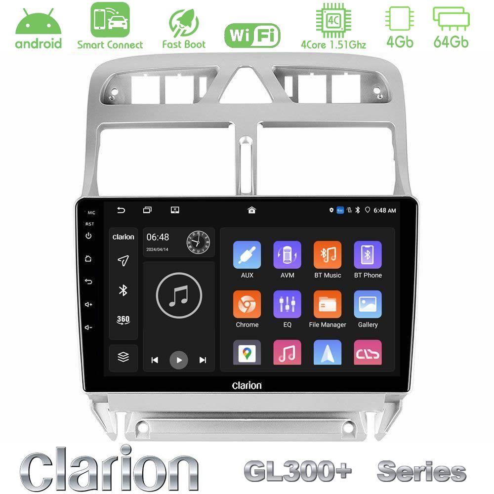 Clarion GL300+ Series 4Core Android ClarionOS 4+64GB  Peugeot 307 2002-2008 Navigation Multimedia Tablet 9"
