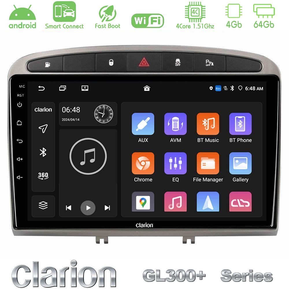 Clarion GL300+ Series 4Core Android ClarionOS 4+64GB  Peugeot 308/RCZ Navigation Multimedia Tablet 9" (Ασημί Χρώμα)