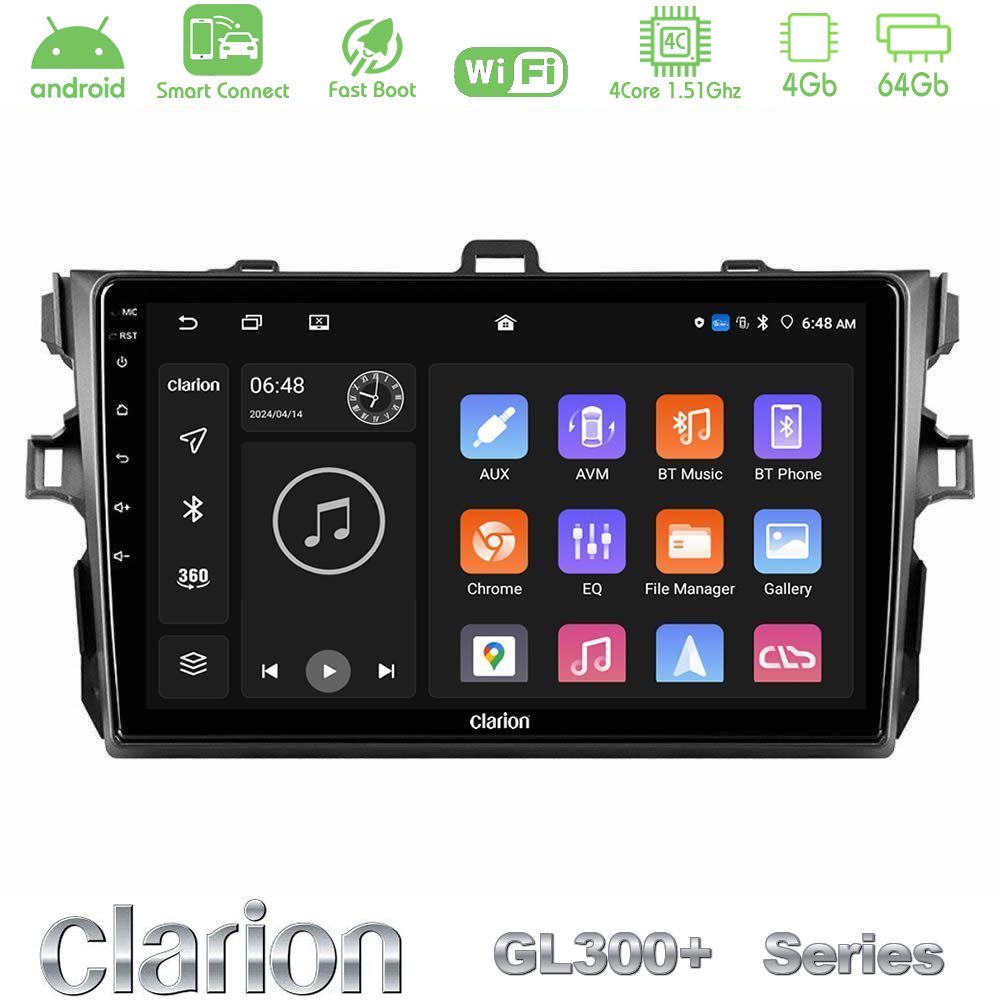 Clarion GL300+ Series 4Core Android ClarionOS 4+64GB  Toyota Corolla 2007-2012 Navigation Multimedia Tablet 9"