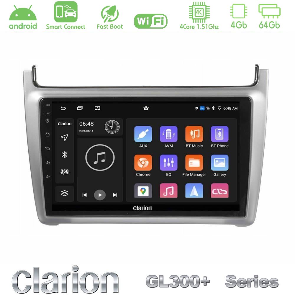 Clarion GL300+ Series 4Core Android ClarionOS 4+64GB  Vw Polo 2014-2017 Navigation Multimedia Tablet 9"   (Silver)