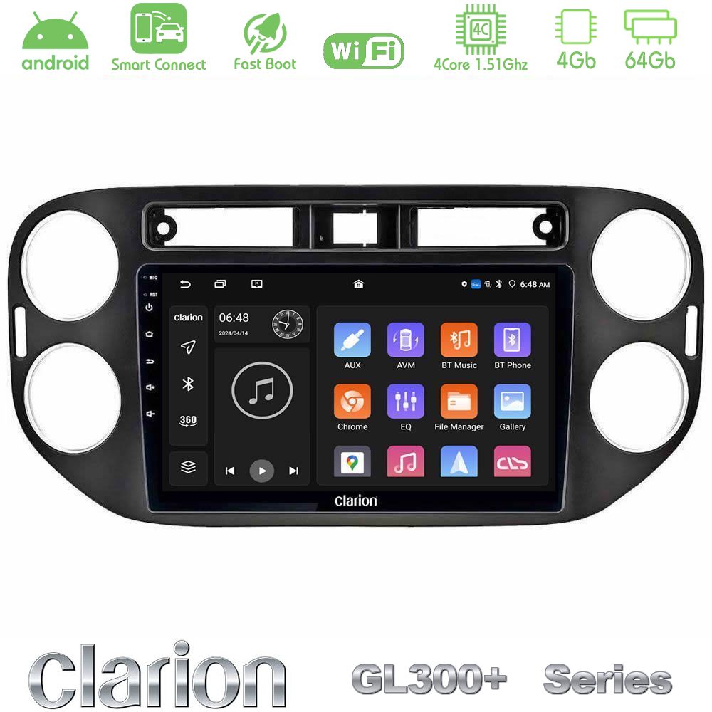 Clarion GL300+ Series 4Core Android ClarionOS 4+64GB  VW Tiguan Navigation Multimedia Tablet 9" (23mm alarm button)