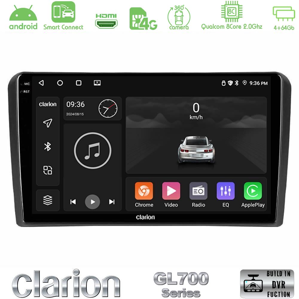 Clarion GL700 Series 8Core Android ClarionOS 4+64GB Audi A3 8P Navigation Multimedia Tablet 9" Με Carplay & Android Auto