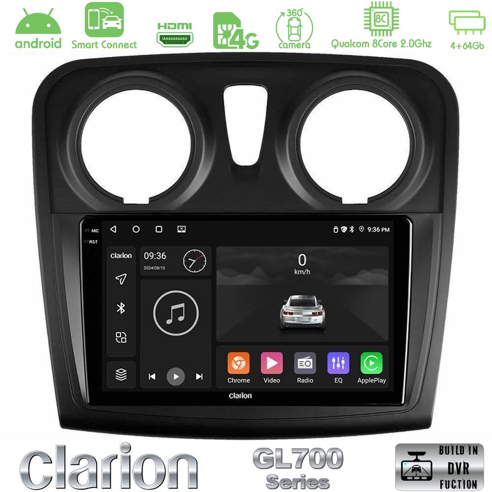 Clarion GL700 Series 8Core Android ClarionOS 4+64GB Dacia Sandero 2014-2020 Navigation Multimedia Tablet 9" Με Carplay & Android Auto