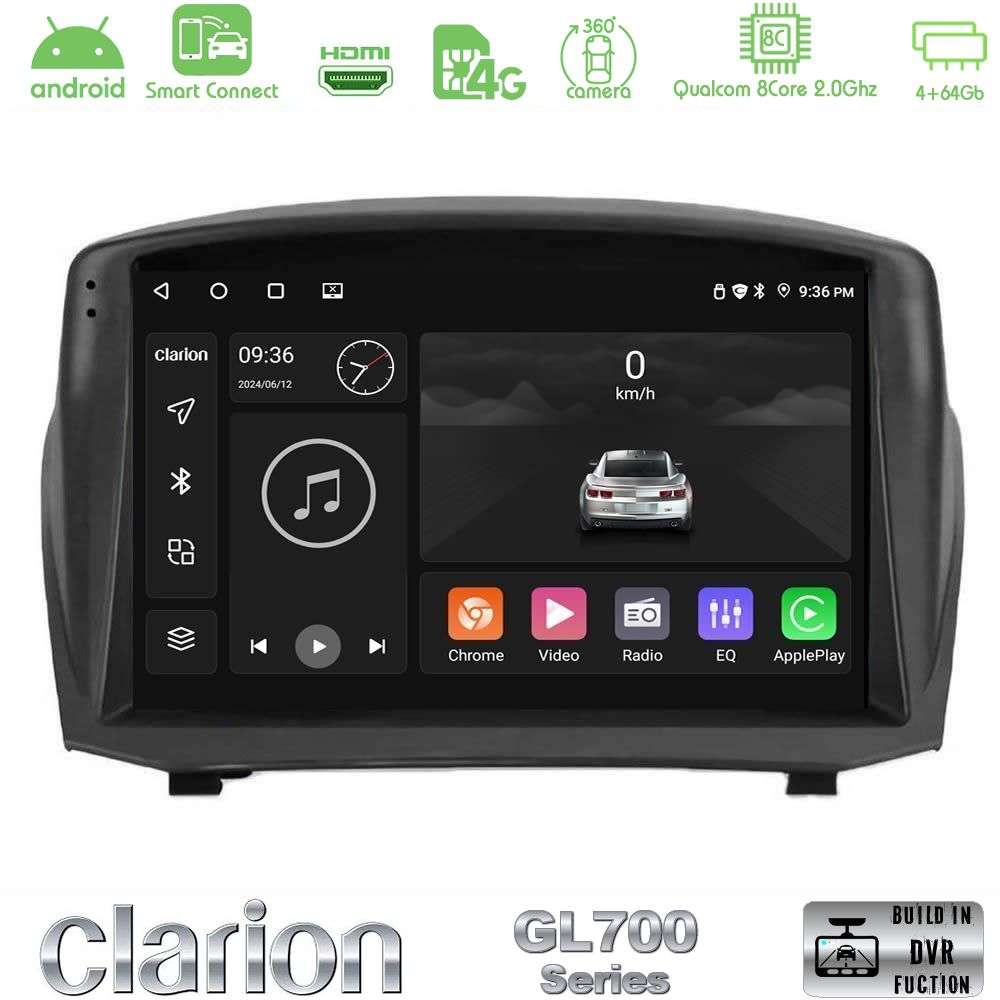 Clarion GL700 Series 8Core Android ClarionOS 4+64GB Ford Fiesta 2008-2016 Navigation Multimedia Tablet 9" (Oem Style) Με Carplay & Android Auto