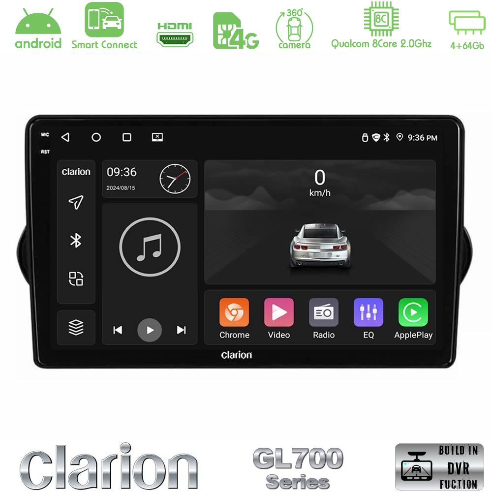 Clarion GL700 Series 8Core Android ClarionOS 4+64GB Fiat Tipo 2015-2022 (Hatchback) Navigation Multimedia Tablet 9" Με Carplay & Android Auto