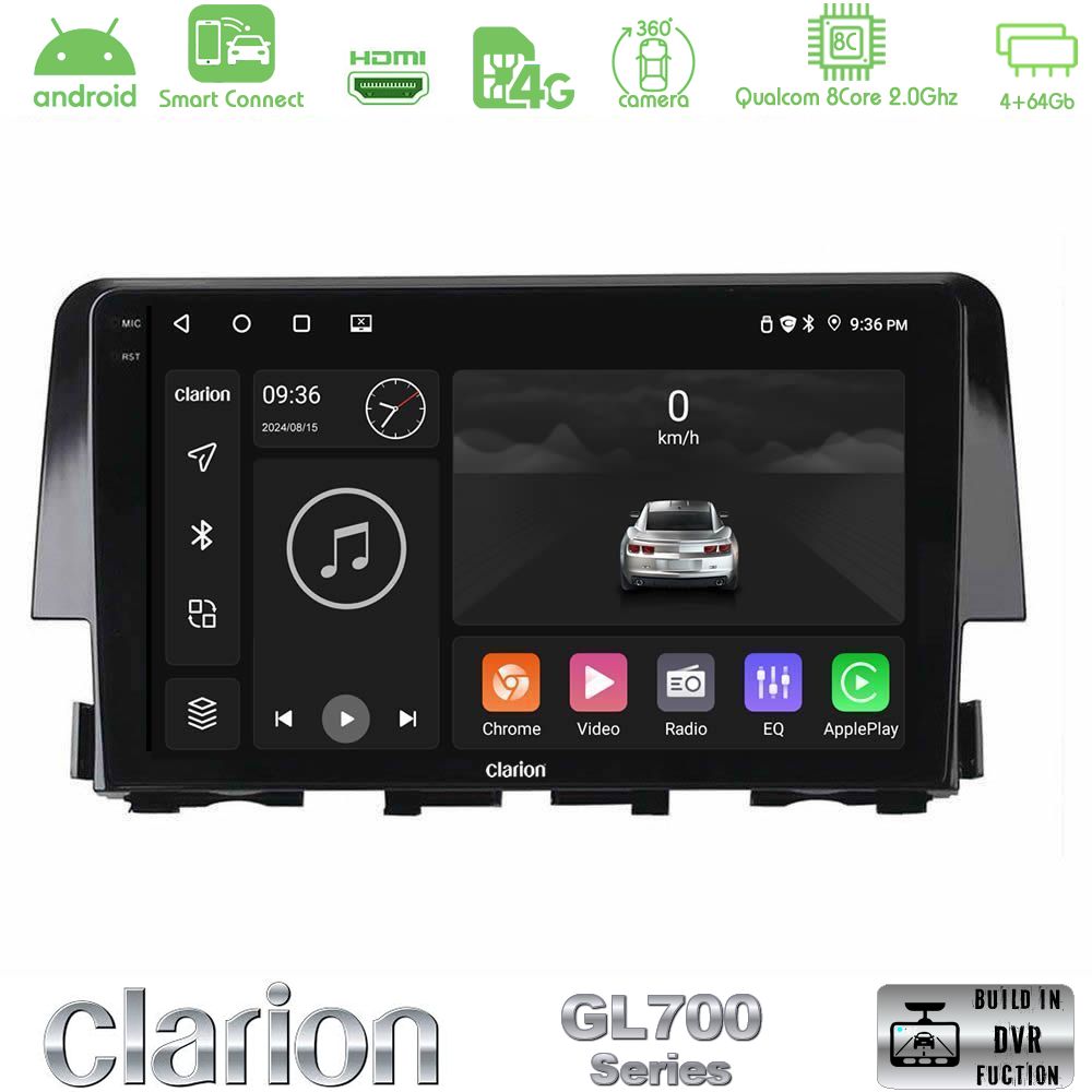 Clarion GL700 Series 8Core Android ClarionOS 4+64GB Honda Civic 2016-2020 Navigation Multimedia Tablet 9" Με Carplay & Android Auto