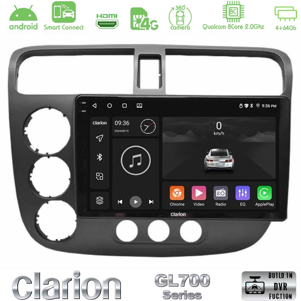 Clarion GL700 Series 8Core Android ClarionOS 4+64GB Honda Civic 2001-2005 Navigation Multimedia Tablet 9" Με Carplay & Android Auto