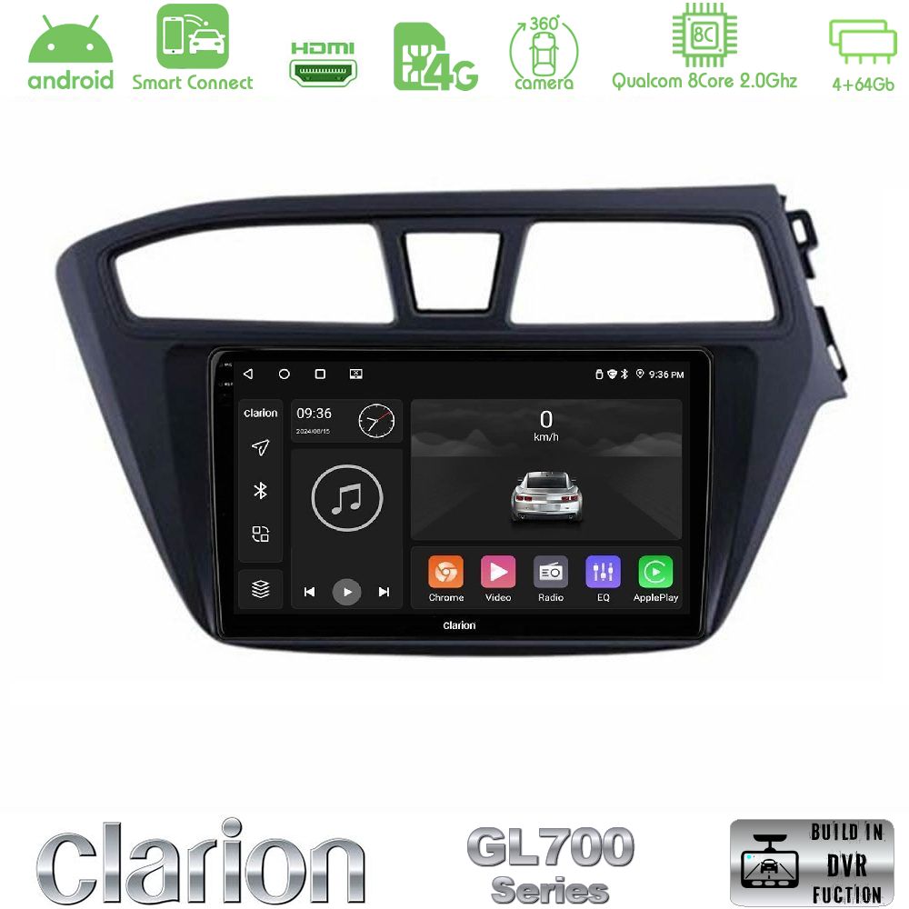 Clarion GL700 Series 8Core Android ClarionOS 4+64GB Hyundai i20 2014-2018 RHD Navigation Multimedia Tablet 9" Με Carplay & Android Auto