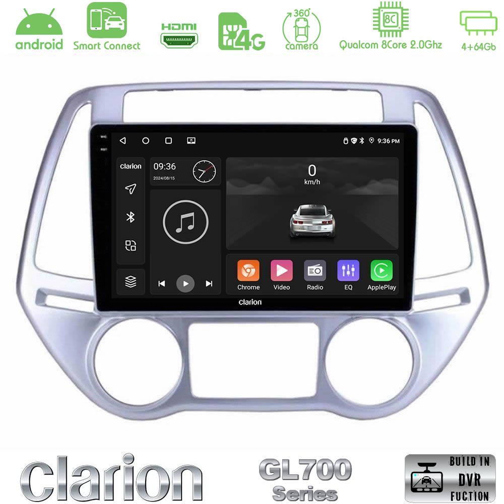 Clarion GL700 Series 8Core Android ClarionOS 4+64GB Hyundai i20 2012-2014 Navigation Multimedia Tablet 9" Με Carplay & Android Auto