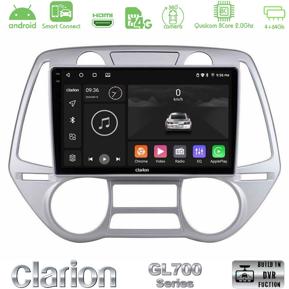 Clarion GL700 Series 8Core Android ClarionOS 4+64GB Hyundai i20 2009-2012 Auto A/C Navigation Multimedia Tablet 9" Με Carplay & Android Auto