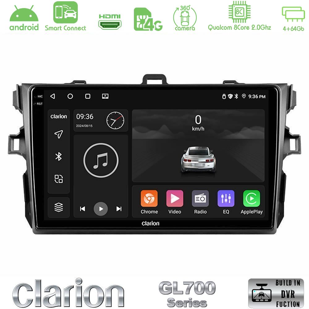 Clarion GL700 Series 8Core Android ClarionOS 4+64GB Toyota Corolla 2007-2012 Navigation Multimedia Tablet 9" Με Carplay & Android Auto