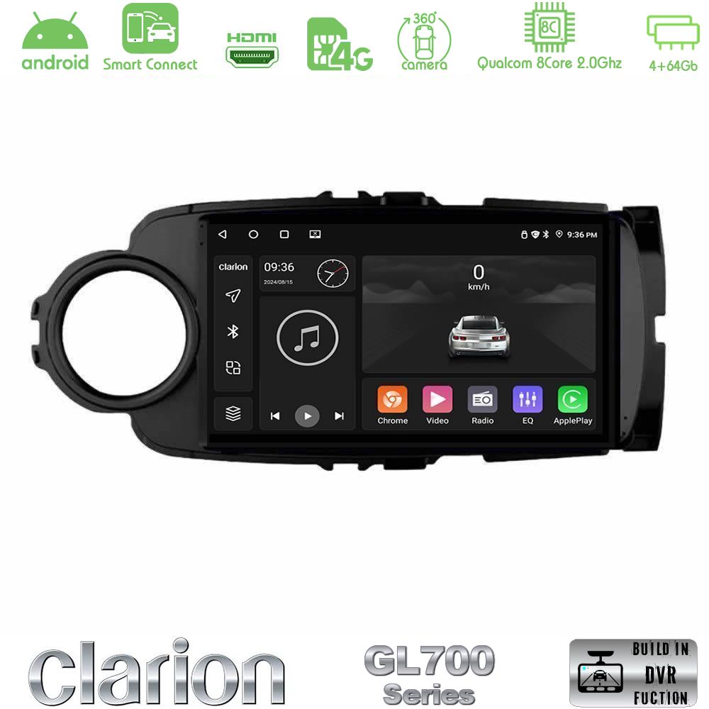 Clarion GL700 Series 8Core Android ClarionOS 4+64GB Toyota Yaris Navigation Multimedia Tablet 9" (Μαύρο Χρώμα) Με Carplay & Android Auto