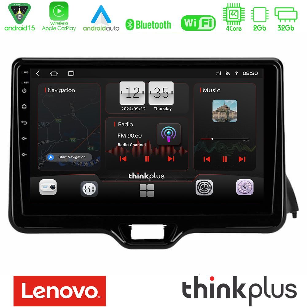 Lenovo Thinkplus Series 4Core Android15 2+32GB  Toyota Yaris 2020-> Navigation Multimedia Tablet 10" Με Carplay & Android Auto
